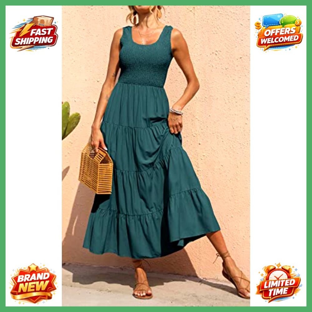 Women's Smocked Tank Maxi Dress Tiered Casual Beach Spring Sleeveless - Picture 4 of 7